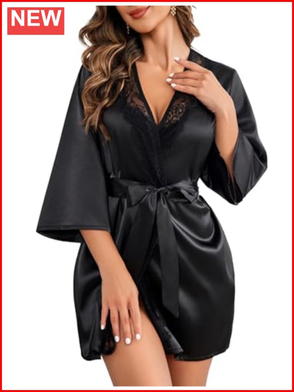 Avidlove Short Satin Kimono Robe Pure Silky Robe with Lace Detail